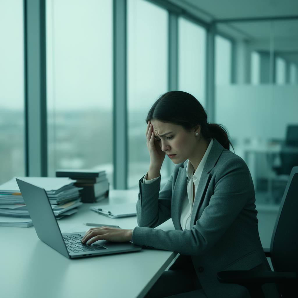 Profissional em ambiente corporativo lidando com sobrecarga